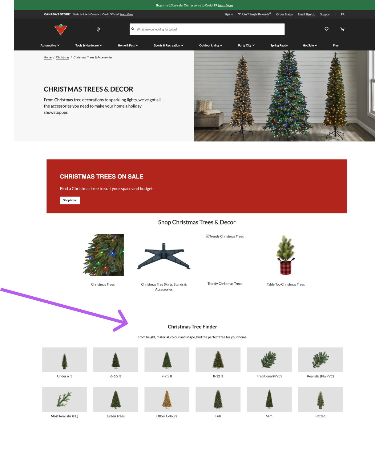 Screenshot of old Canadian Tire's Christmas category page with arrow pointing at christmas tree finder